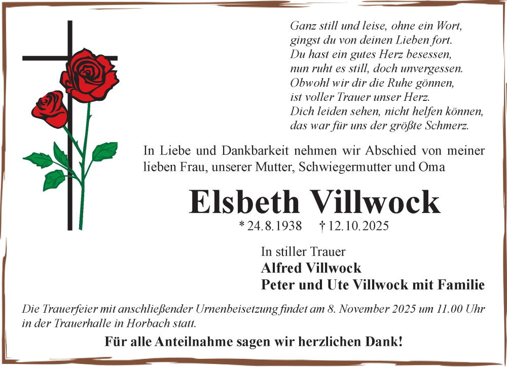  Traueranzeige für Elsbeth Villwock vom 25.10.2025 aus Gelnhäuser Neue Zeitung