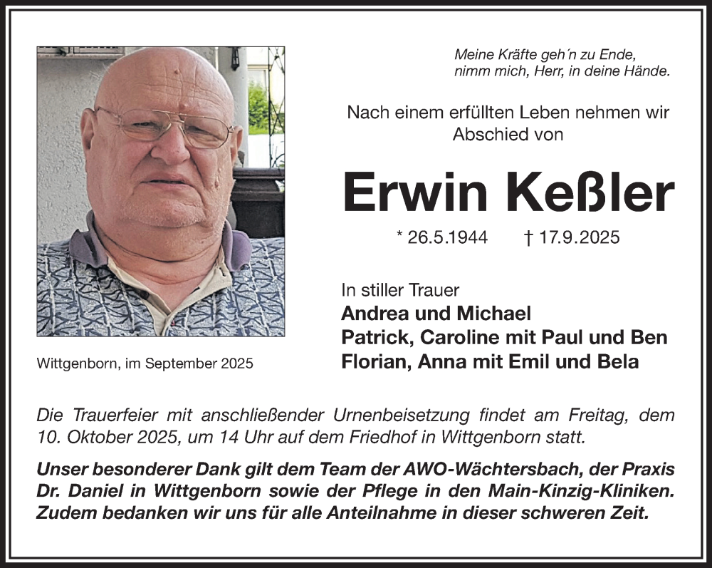  Traueranzeige für Erwin Keßler vom 04.10.2025 aus Gelnhäuser Neue Zeitung