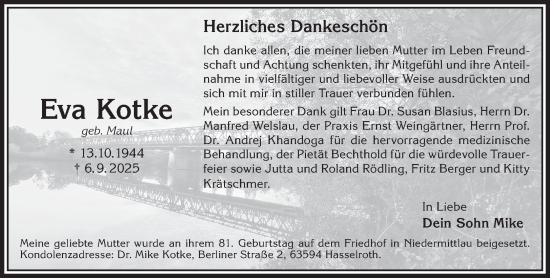 Traueranzeige von Eva Kotke von Gelnhäuser Neue Zeitung