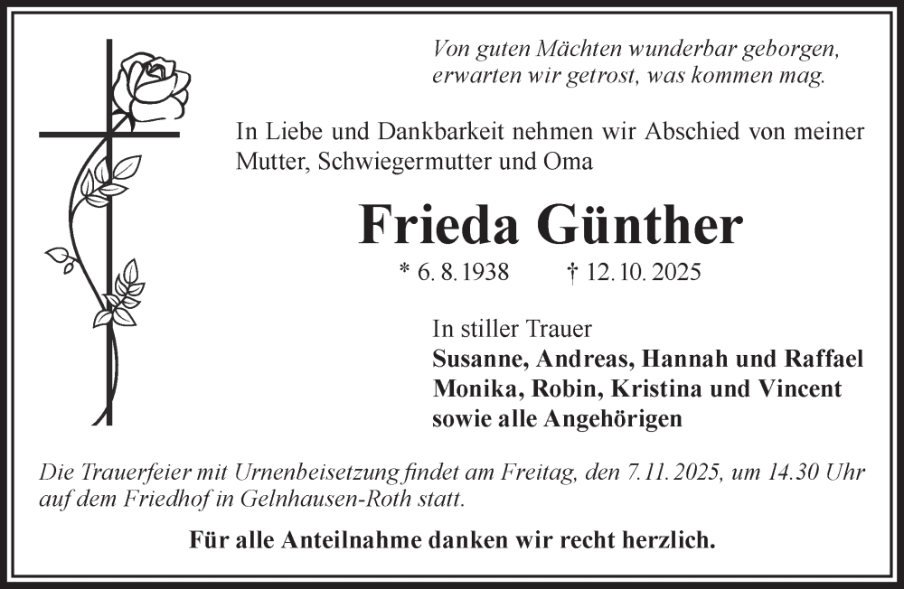  Traueranzeige für Frieda Günther vom 01.11.2025 aus Gelnhäuser Neue Zeitung