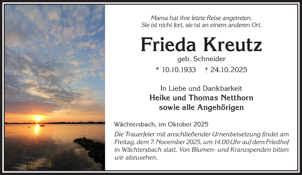  Traueranzeige für Frieda Kreutz vom 01.11.2025 aus Gelnhäuser Neue Zeitung