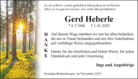 Traueranzeige von Gerd Heberle von Gelnhäuser Neue Zeitung