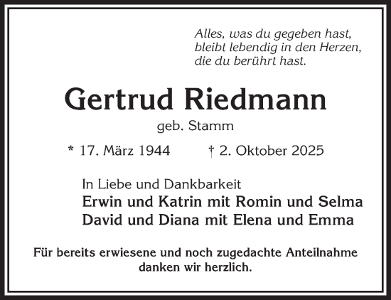 Traueranzeige von Gertrud Riedmann von Mittelhessen-Bote