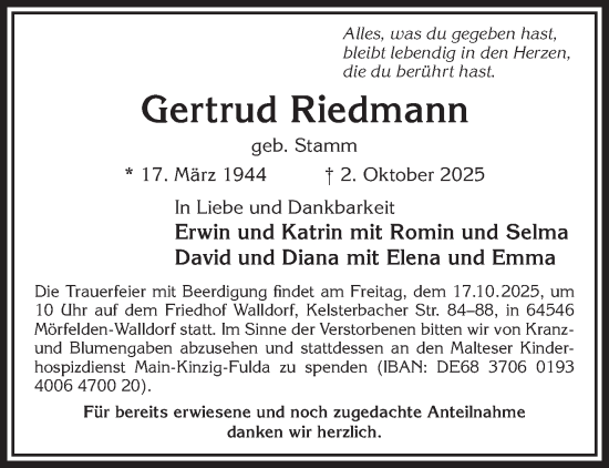 Traueranzeige von Gertrud Riedmann von Gelnhäuser Neue Zeitung