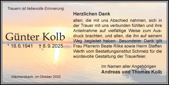 Traueranzeige von Günter Kolb von Mittelhessen-Bote