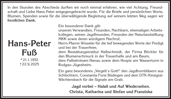 Traueranzeige von Hans-Peter Fuß von Gelnhäuser Neue Zeitung