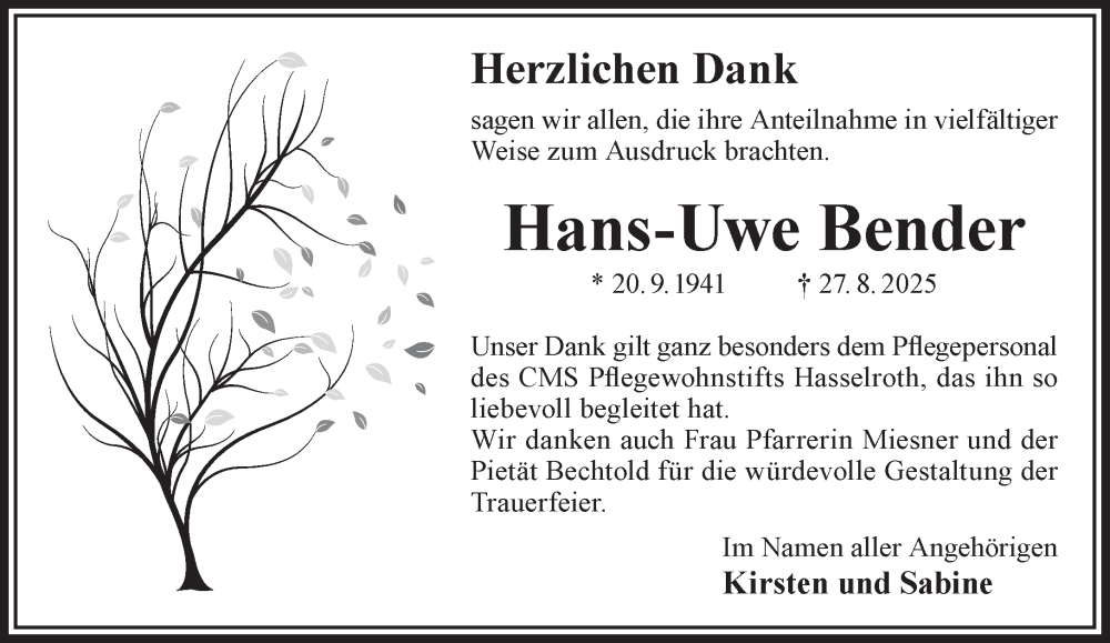  Traueranzeige für Hans-Uwe Bender vom 11.10.2025 aus Gelnhäuser Neue Zeitung