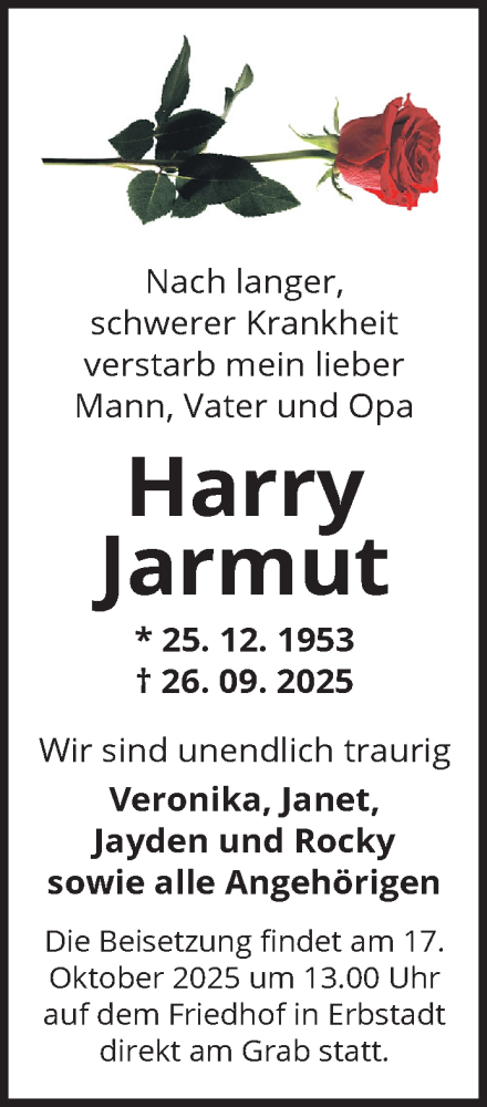 Traueranzeige von Harry Jarmut von Mittelhessen-Bote