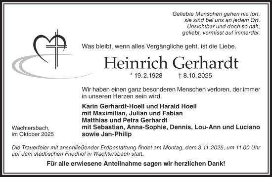Traueranzeige von Heinrich Gerhardt von Gelnhäuser Neue Zeitung
