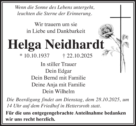 Traueranzeige von Helga Neidhardt von Gelnhäuser Neue Zeitung