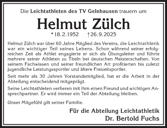 Traueranzeige von Helmut Zülch von Gelnhäuser Neue Zeitung