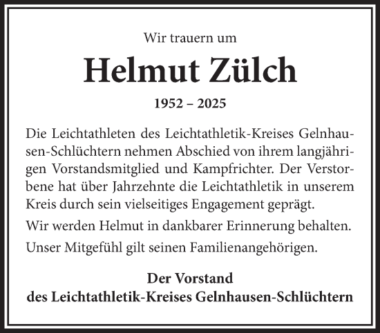 Traueranzeige von Helmut Zülch von Gelnhäuser Neue Zeitung