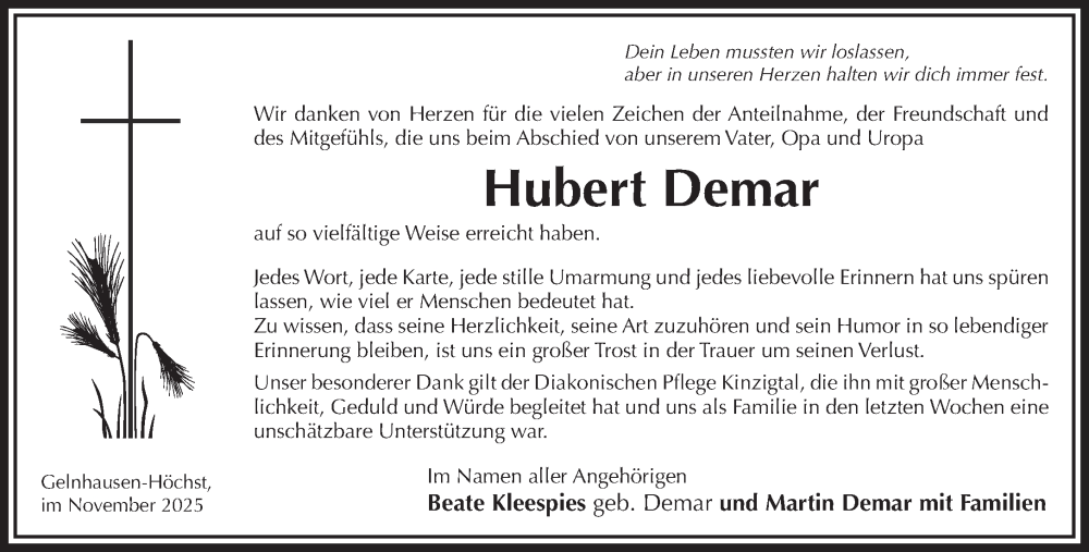  Traueranzeige für Hubert Demar vom 01.11.2025 aus Gelnhäuser Neue Zeitung