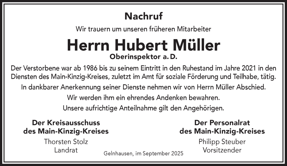  Traueranzeige für Hubert Müller vom 04.10.2025 aus Mittelhessen-Bote