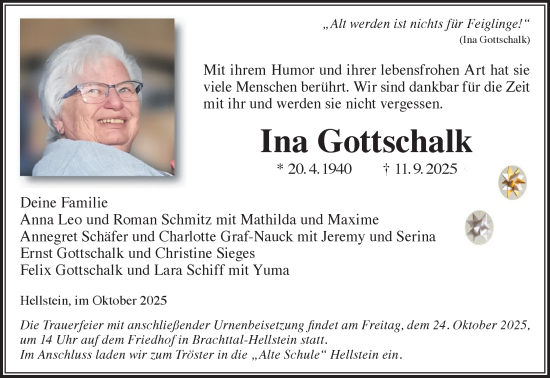 Traueranzeige von Ina Gottschalk von Gelnhäuser Neue Zeitung