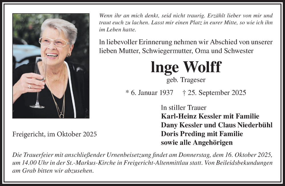  Traueranzeige für Inge Wolff vom 04.10.2025 aus Gelnhäuser Neue Zeitung