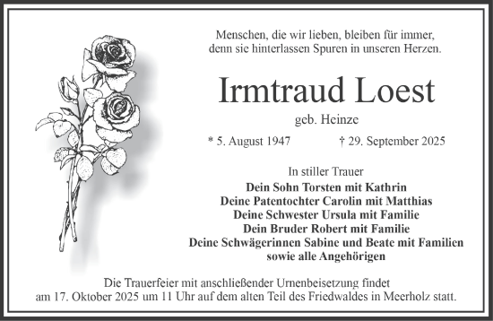 Traueranzeige von Irmtraud Loest von Gelnhäuser Neue Zeitung