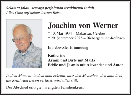 Traueranzeige von Joachim von Werner von Gelnhäuser Neue Zeitung
