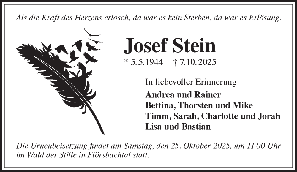  Traueranzeige für Josef Stein vom 11.10.2025 aus Gelnhäuser Neue Zeitung