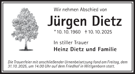 Traueranzeige von Jürgen Dietz von Mittelhessen-Bote