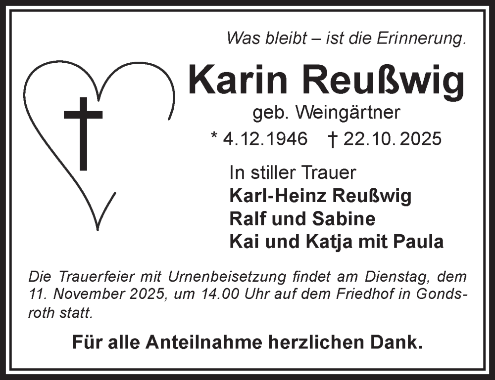  Traueranzeige für Karin Reußwig vom 01.11.2025 aus Gelnhäuser Neue Zeitung