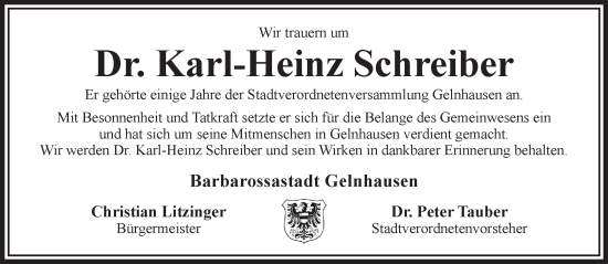 Traueranzeige von Karl-Heinz Schreiber von Gelnhäuser Neue Zeitung
