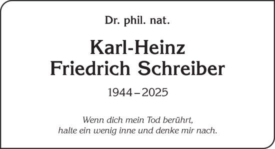 Traueranzeige von Karl-Heinz Friedrich Schreiber von Gelnhäuser Neue Zeitung