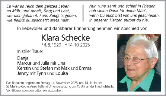 Traueranzeige von Klara Schecke von Gelnhäuser Neue Zeitung