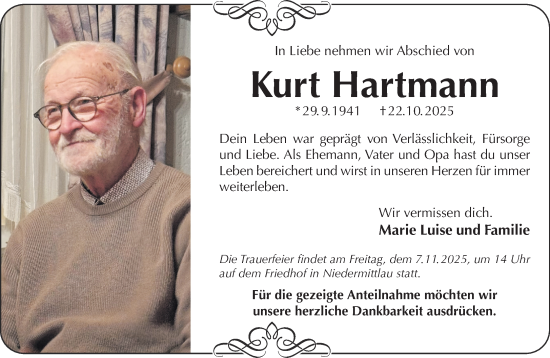 Traueranzeige von Kurt Hartmann von Gelnhäuser Neue Zeitung