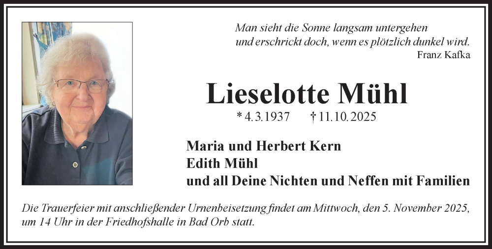  Traueranzeige für Lieselotte Mühl vom 01.11.2025 aus Gelnhäuser Neue Zeitung