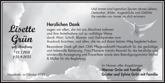 Traueranzeige von Lisette Grün von Gelnhäuser Neue Zeitung