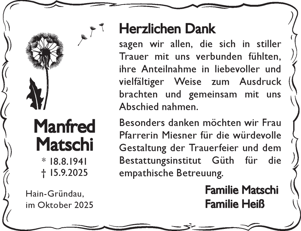  Traueranzeige für Manfred Matschi vom 18.10.2025 aus Gelnhäuser Neue Zeitung