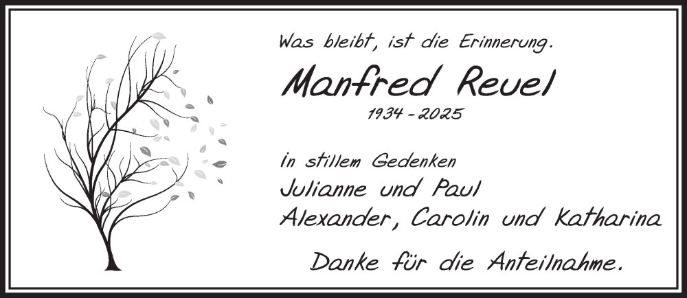  Traueranzeige für Manfred Reuel vom 04.10.2025 aus Gelnhäuser Neue Zeitung