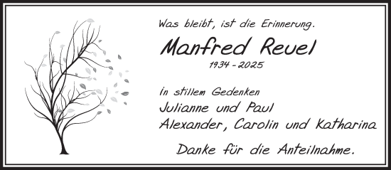 Traueranzeige von Manfred Reuel von Mittelhessen-Bote