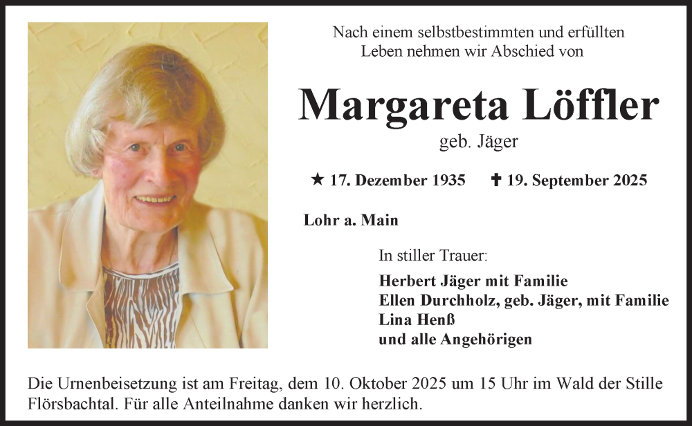  Traueranzeige für Margareta Löffler vom 07.10.2025 aus Gelnhäuser Neue Zeitung