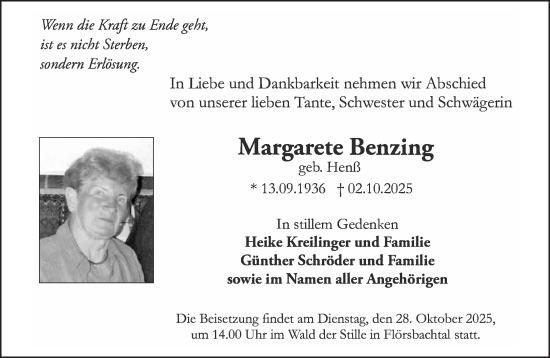 Traueranzeige von Margarete Benzing von Gelnhäuser Neue Zeitung