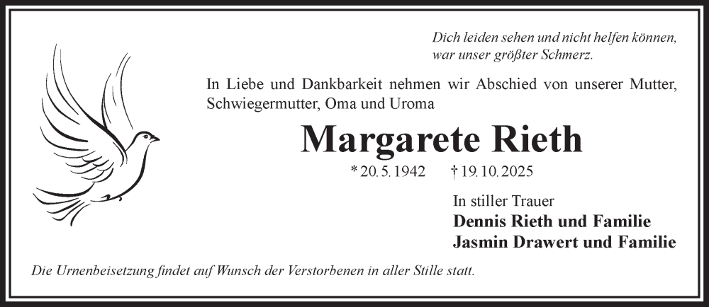  Traueranzeige für Margarete Rieth vom 01.11.2025 aus Gelnhäuser Neue Zeitung
