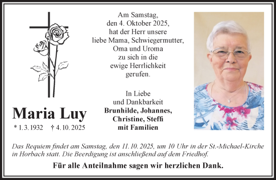 Traueranzeige von Maria Luy von Gelnhäuser Neue Zeitung