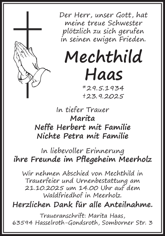 Traueranzeige von Mechthild Haas von Gelnhäuser Neue Zeitung