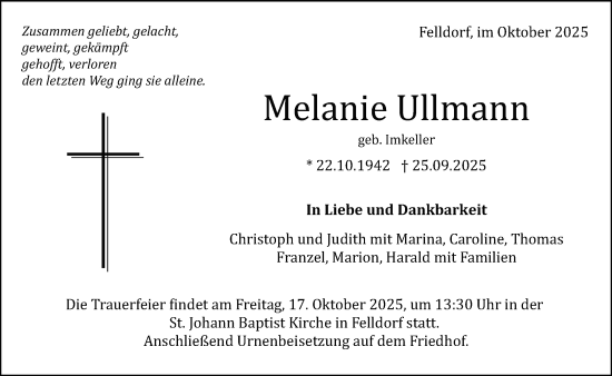 Traueranzeige von Melanie Ullmann von Gelnhäuser Neue Zeitung