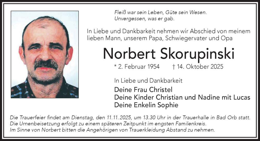  Traueranzeige für Norbert Skorupinski vom 25.10.2025 aus Gelnhäuser Neue Zeitung