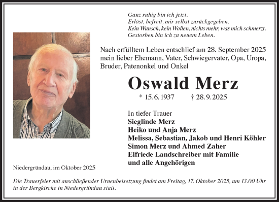 Traueranzeige von Oswald Merz von Gelnhäuser Neue Zeitung