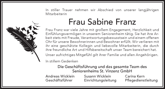 Traueranzeige von Sabine Franz von Gelnhäuser Neue Zeitung