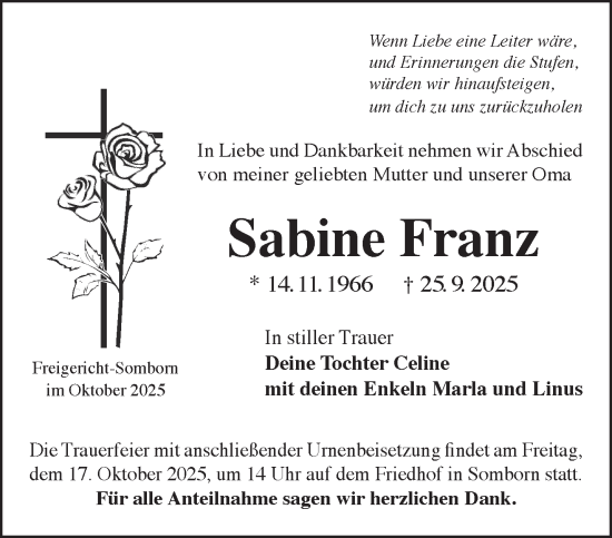 Traueranzeige von Sabine Franz von Gelnhäuser Neue Zeitung