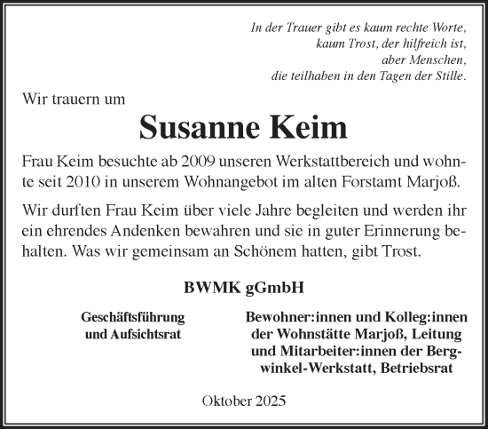 Traueranzeige von Susanne Keim von Gelnhäuser Neue Zeitung
