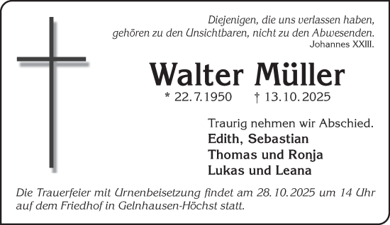 Traueranzeige von Walter Müller von Gelnhäuser Neue Zeitung