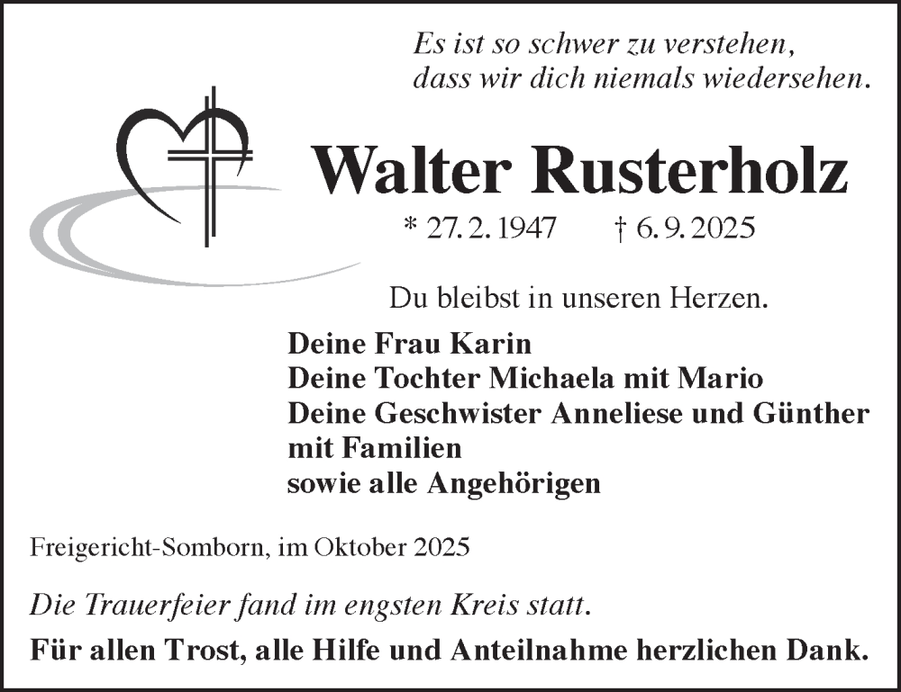  Traueranzeige für Walter Rusterholz vom 18.10.2025 aus Gelnhäuser Neue Zeitung