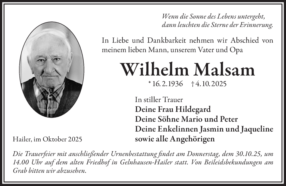  Traueranzeige für Wilhelm Malsam vom 28.10.2025 aus Gelnhäuser Neue Zeitung