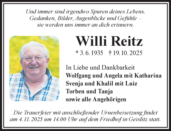Traueranzeige von Willi Reitz von Gelnhäuser Neue Zeitung