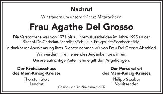Traueranzeige von Agathe Del Grosso von Gelnhäuser Neue Zeitung